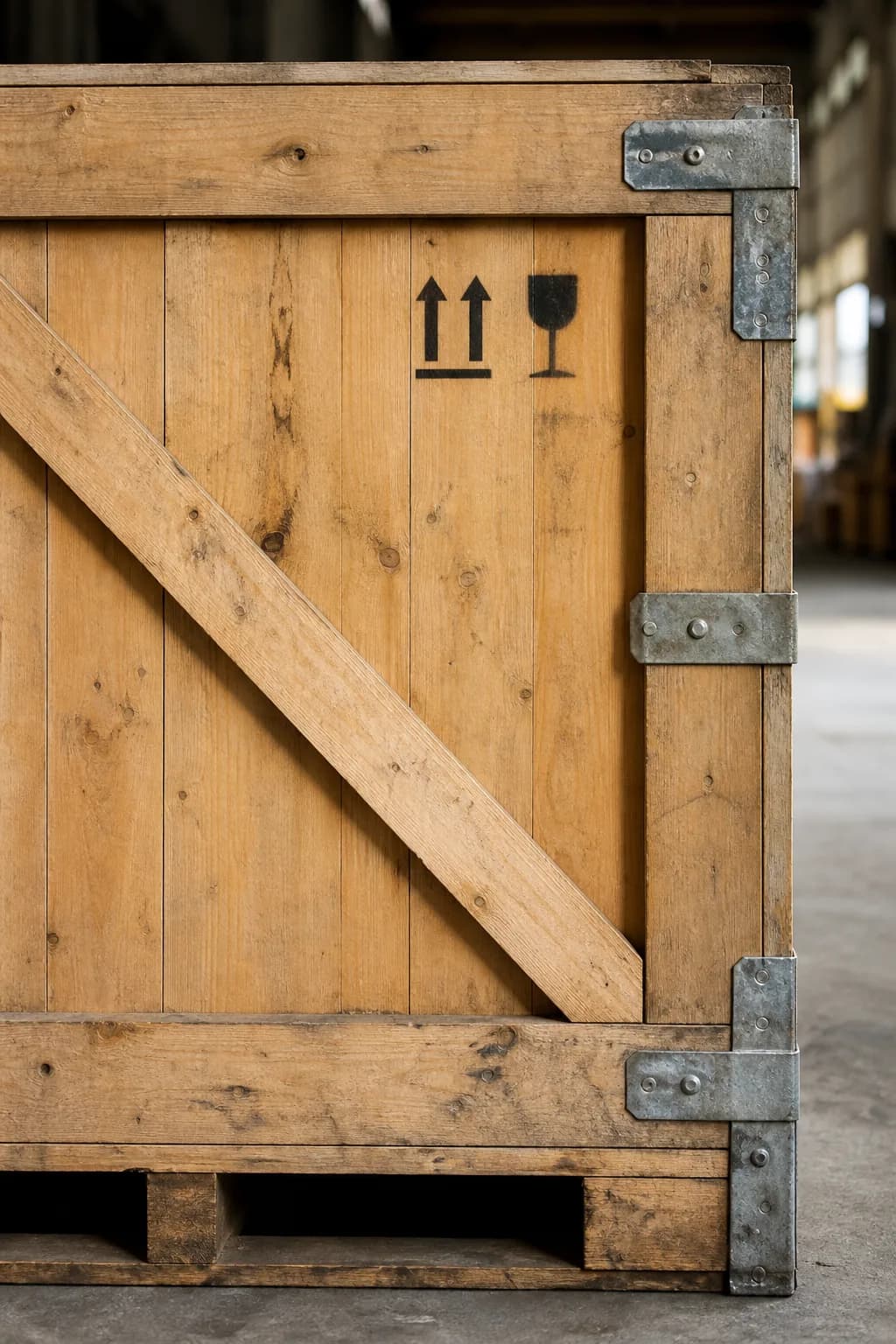 Wooden export crate with handling marks